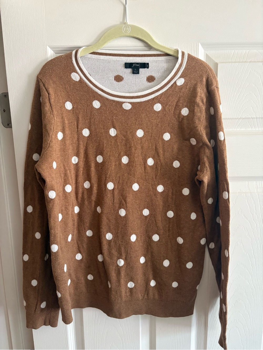 J Crew polka dot pullover crewneck sweater 100% cotton brown white comfy L